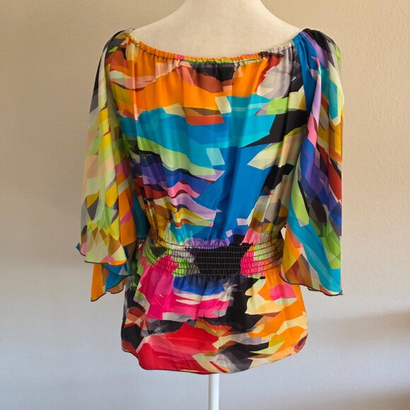 Trina Turk Bright Abstract Colorful Silk Blouse Smocked Batwing Sleeve Size P - Picture 6 of 10